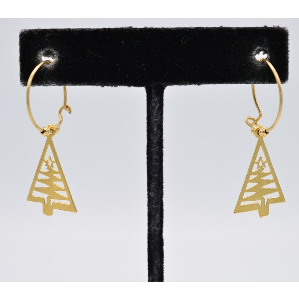 Vintage Christmas Tree Earrings Gold Tone Dangle Hoop Charm Holiday 80s BinH